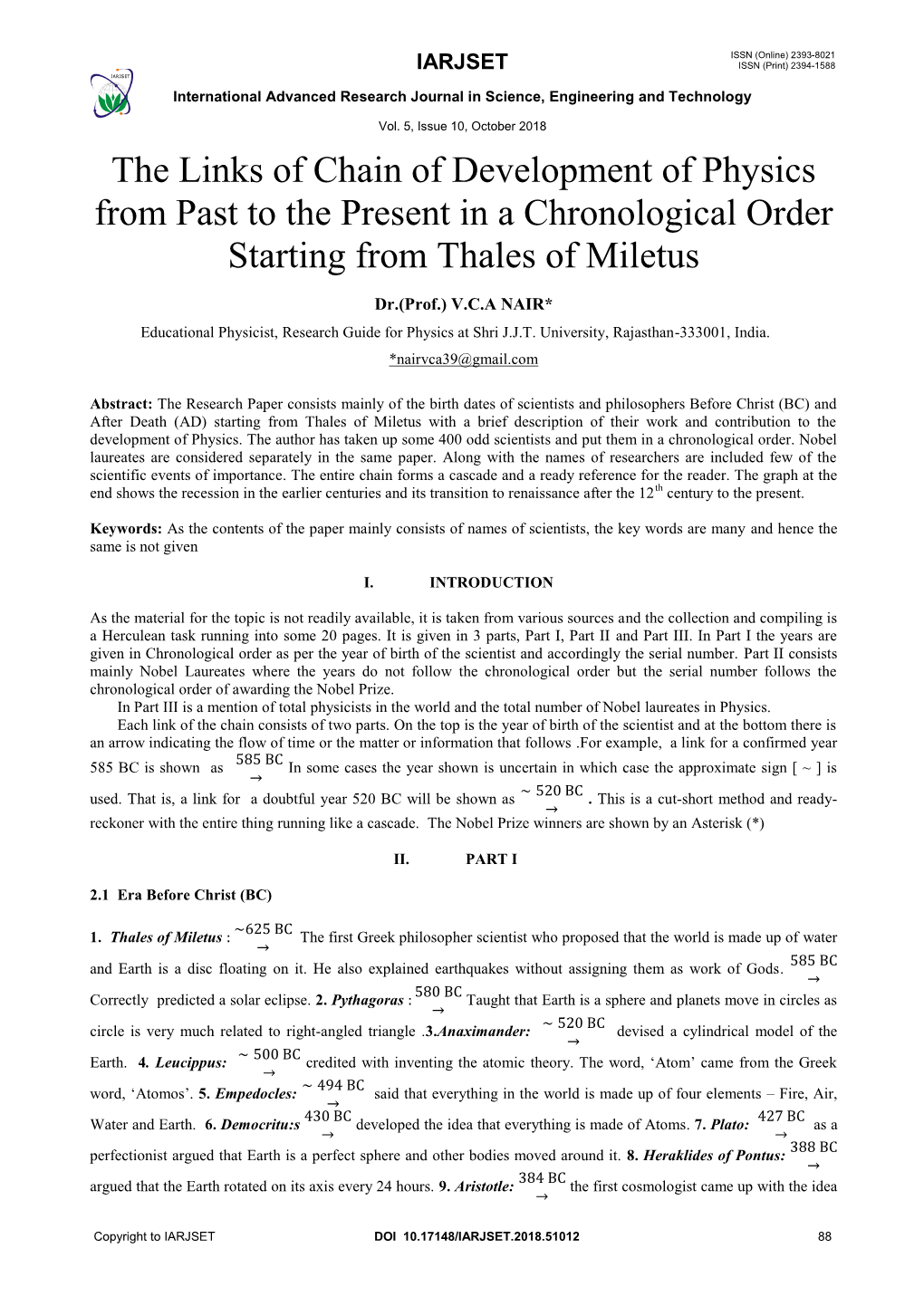 The Links of Chain of Development of Physics from Past to the Present in a Chronological Order Starting from Thales of Miletus