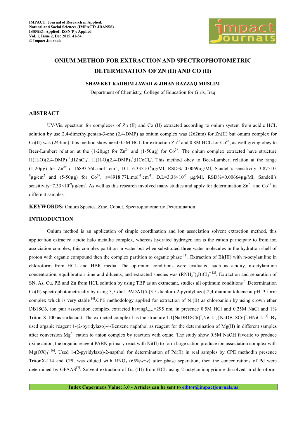 Onium Method for Extraction and Spectrophotometric Determination of Zn (Ii) and Co (Ii)