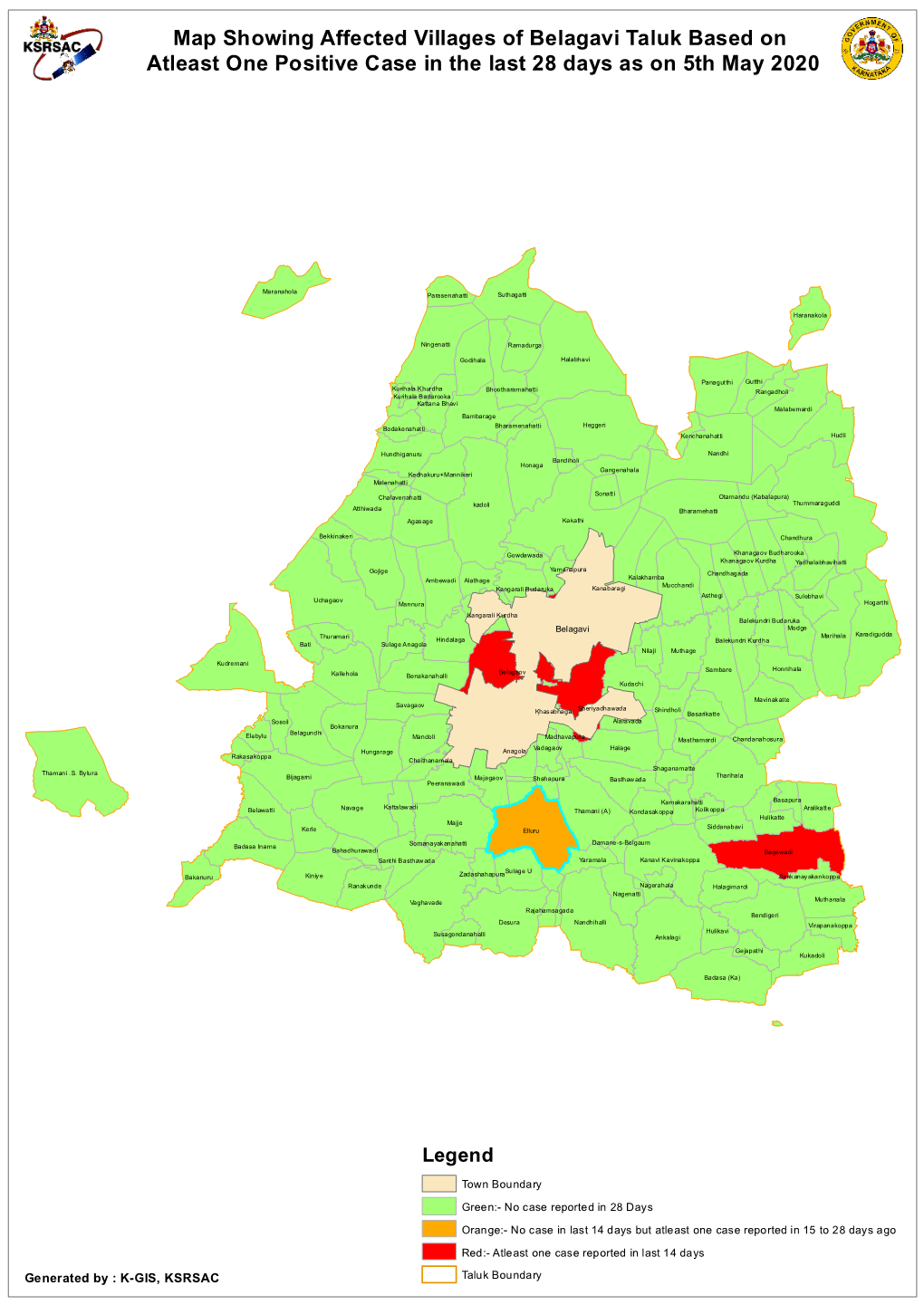 Map Showing Affected Villages of Belagavi Taluk Based on Atleast One Positive Case in the Last 28 Days As on 5Th May 2020