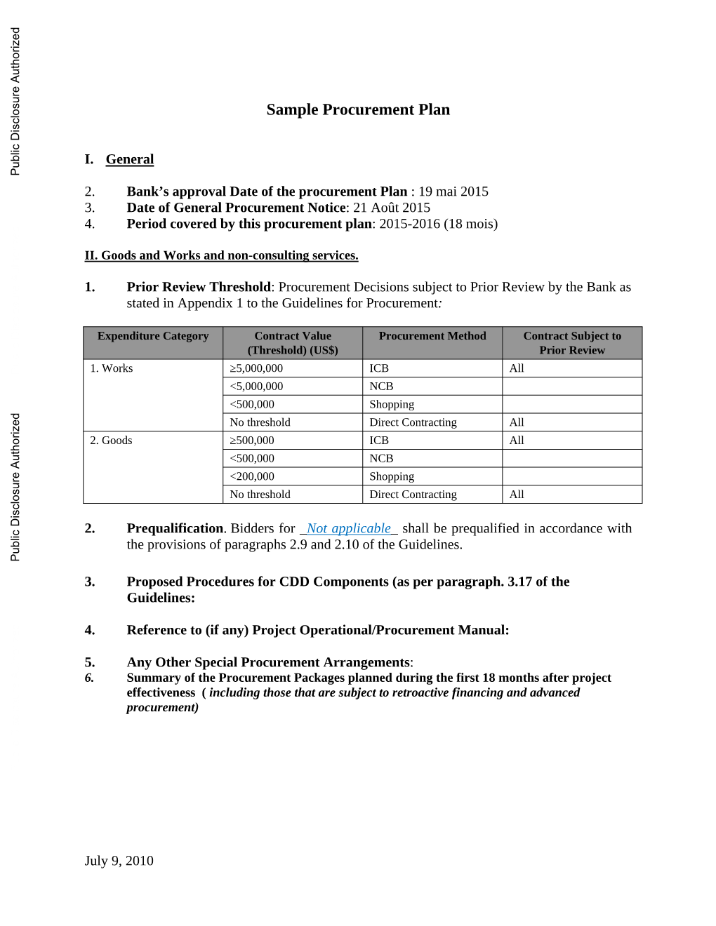 Sample Procurement Plan