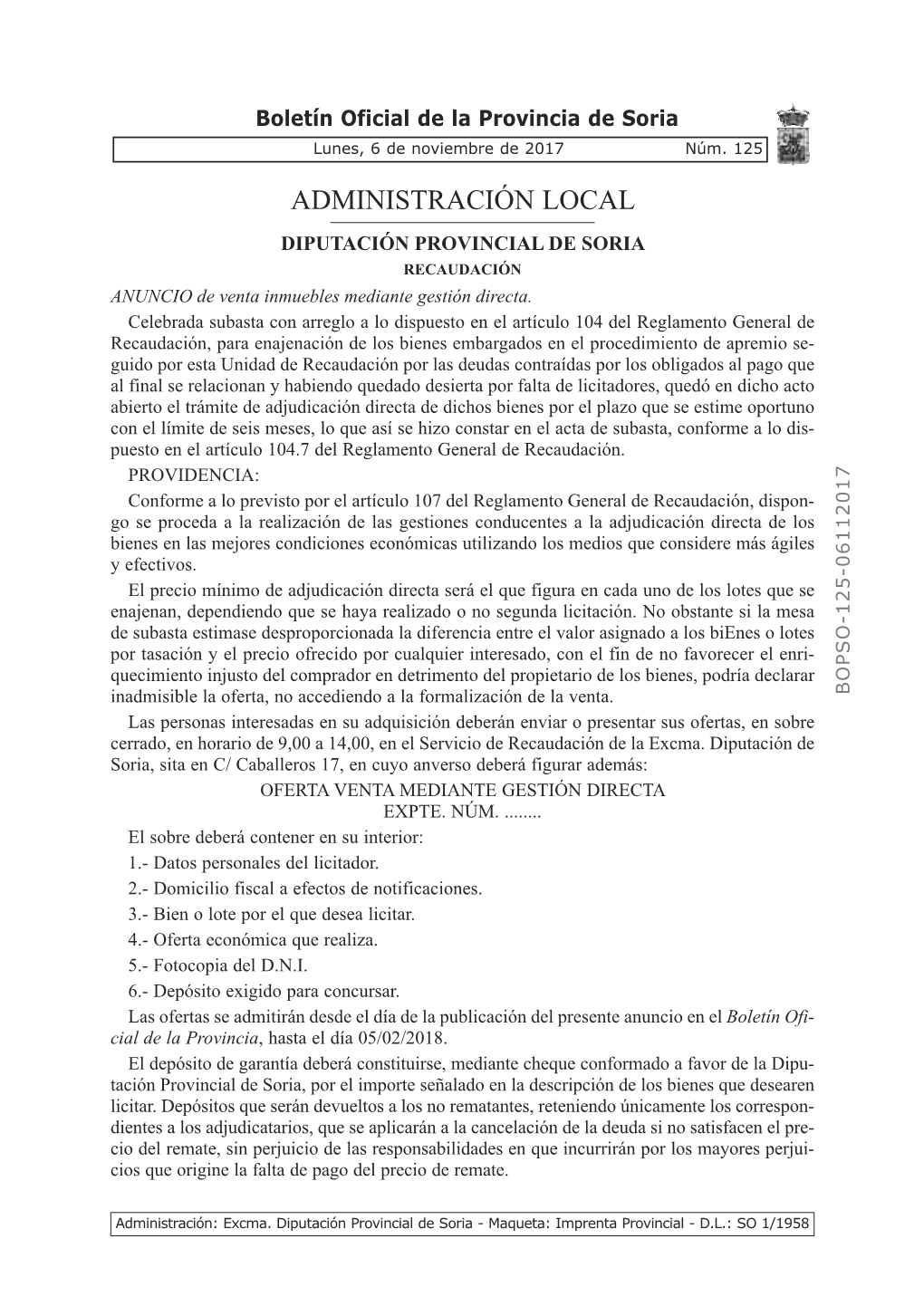 Boletín Oficial De La Provincia De Soria Lunes, 6 De Noviembre De 2017 Núm