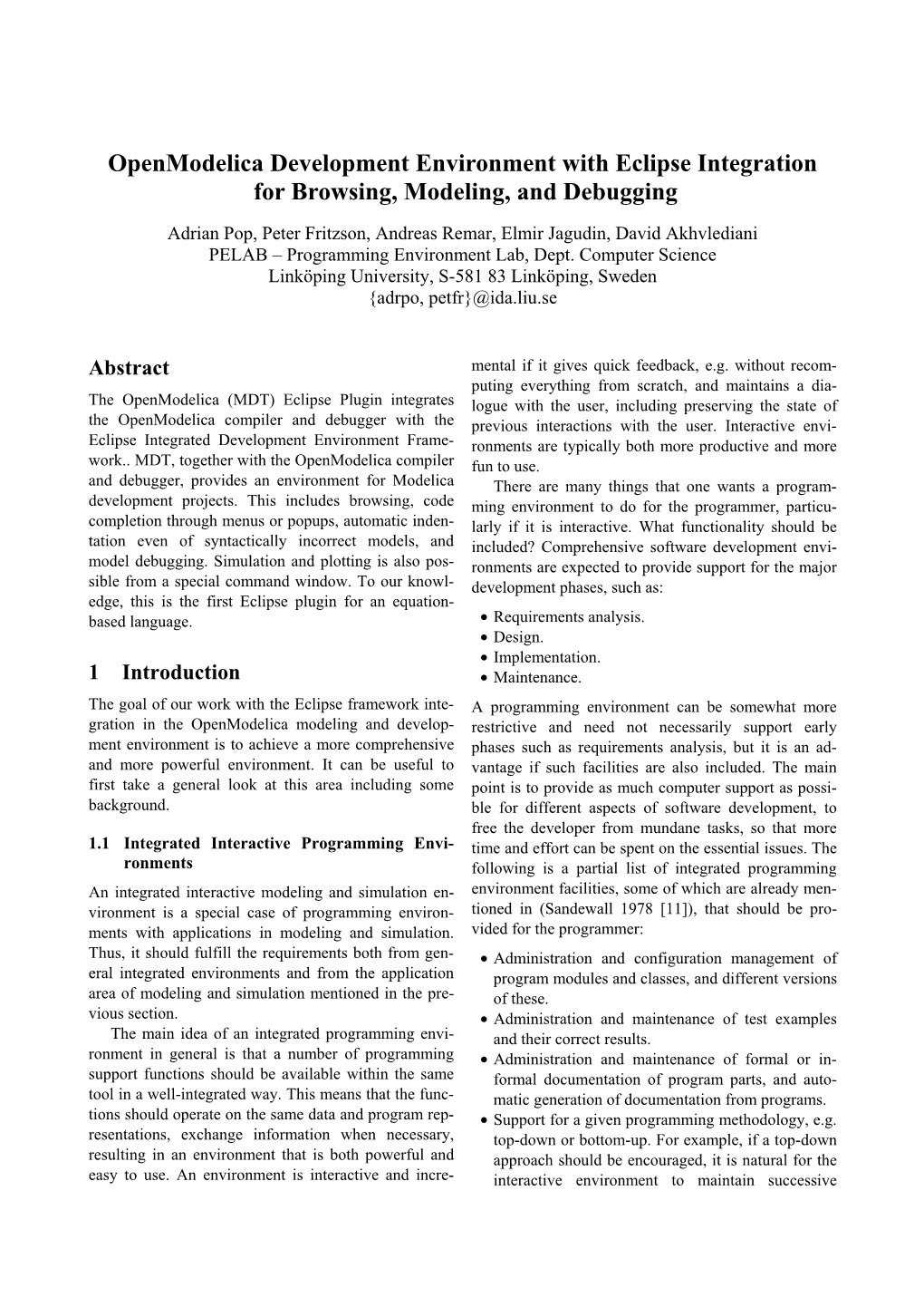 Openmodelica Development Environment with Eclipse Integration for Browsing, Modeling, and Debugging