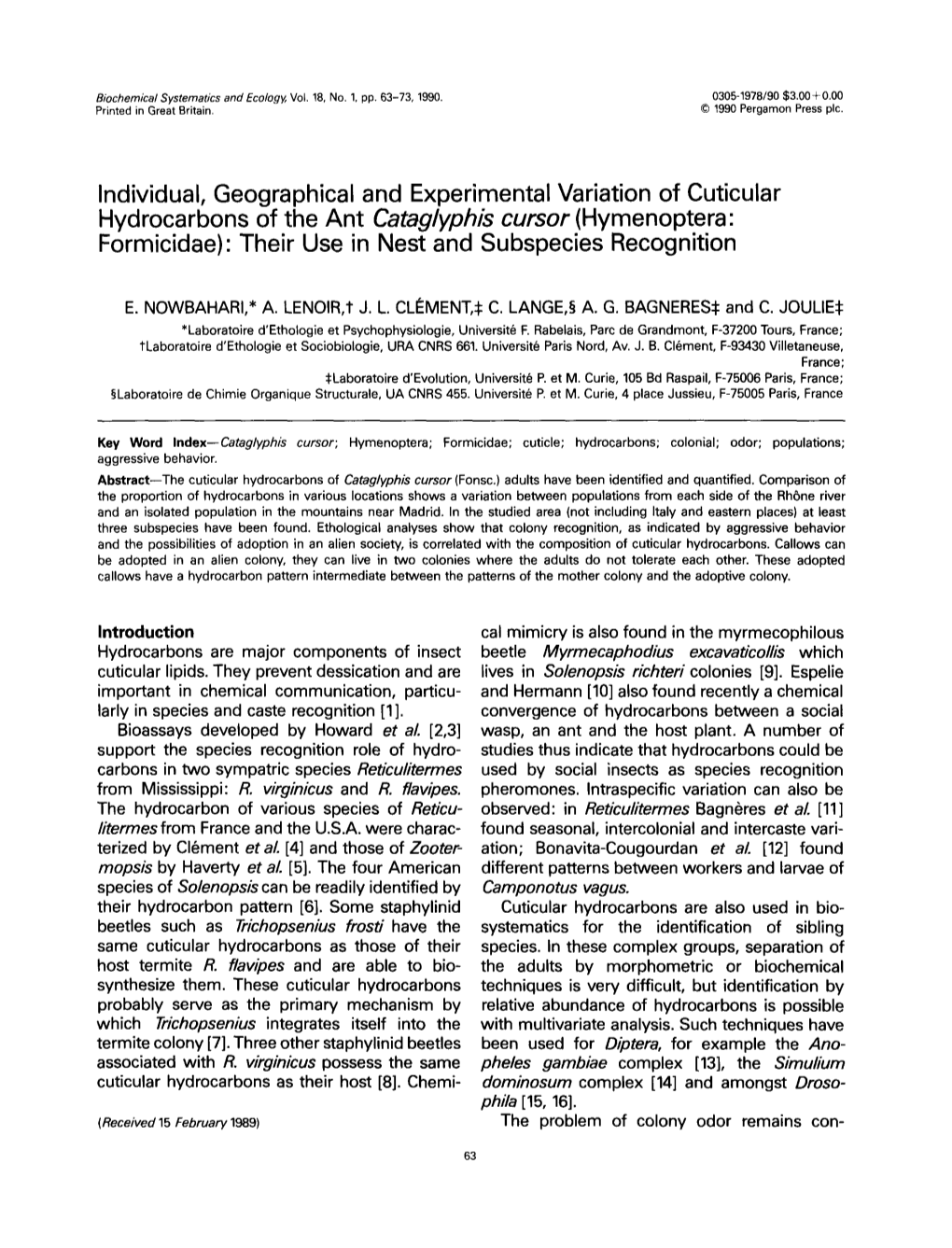 Individual, Geographical and Experimental Variation of Cuticular