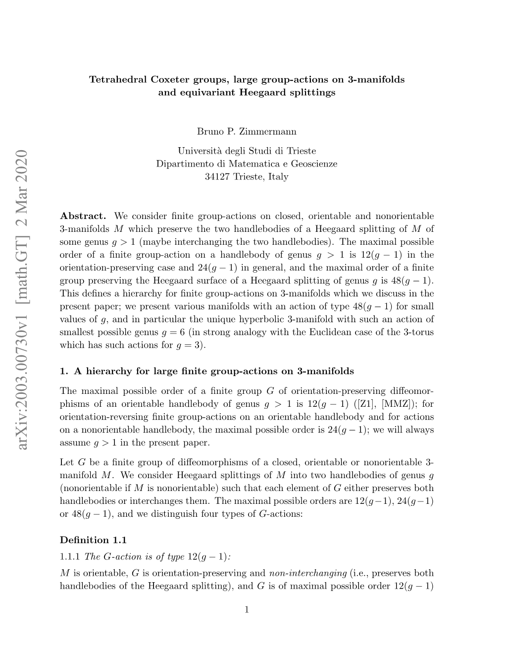Tetrahedral Coxeter Groups, Large Group-Actions on 3-Manifolds And