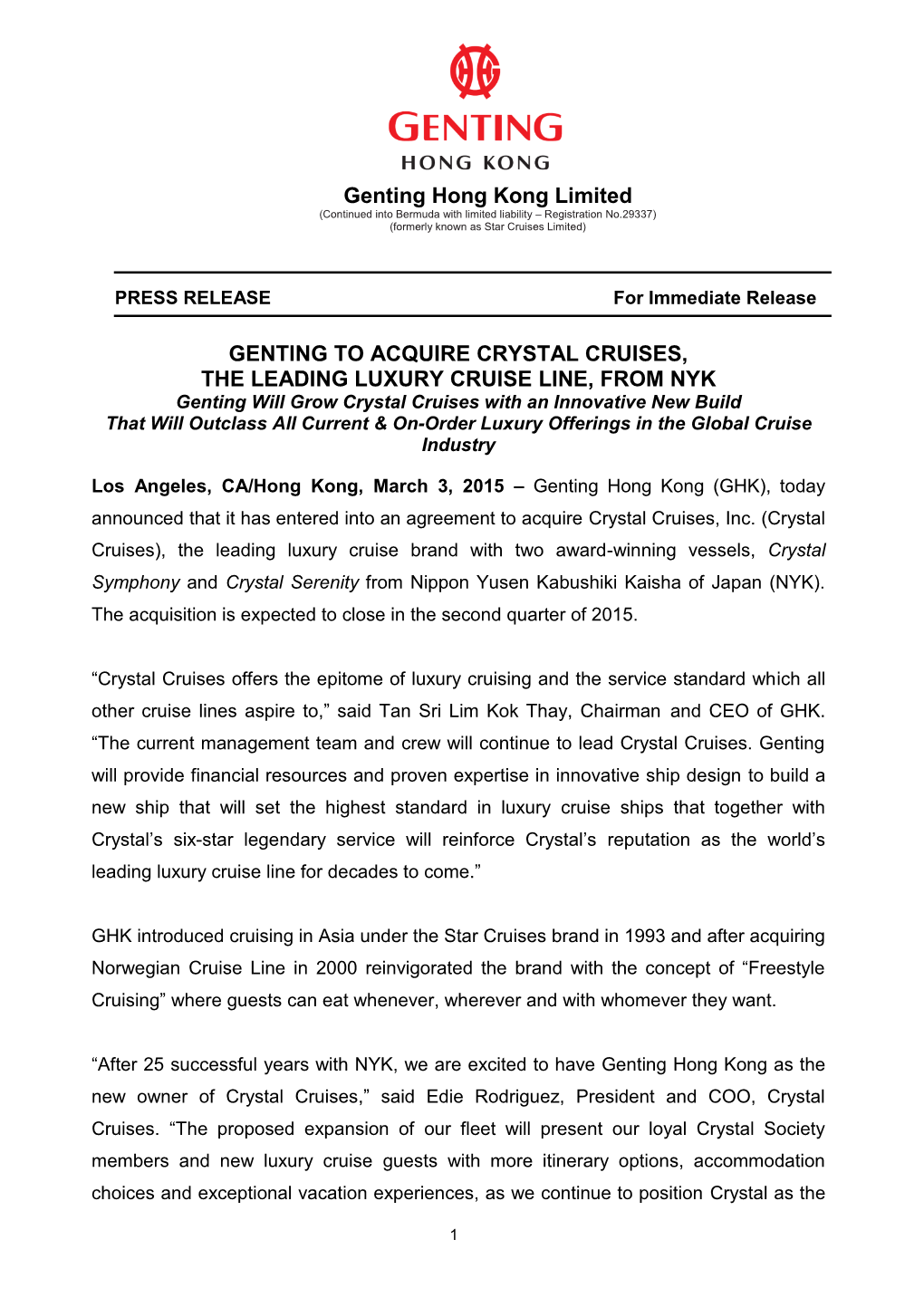 Genting to Acquire Crystal Cruises, the Leading Luxury