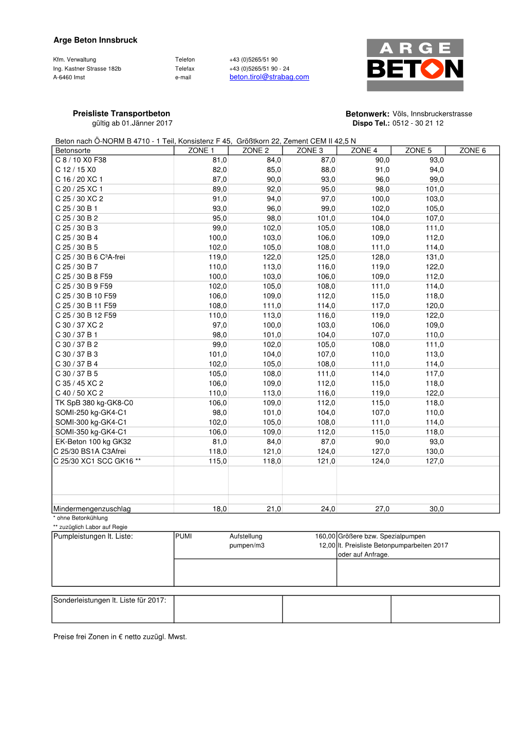 Arge Beton Innsbruck Preisliste Transportbeton