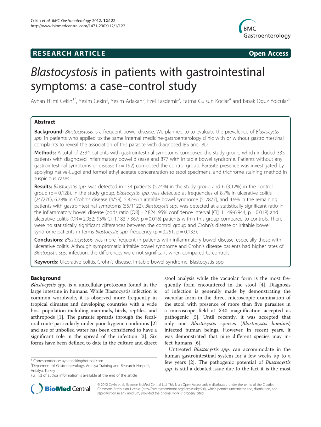 Blastocystosis in Patients with Gastrointestinal Symptoms: a Case