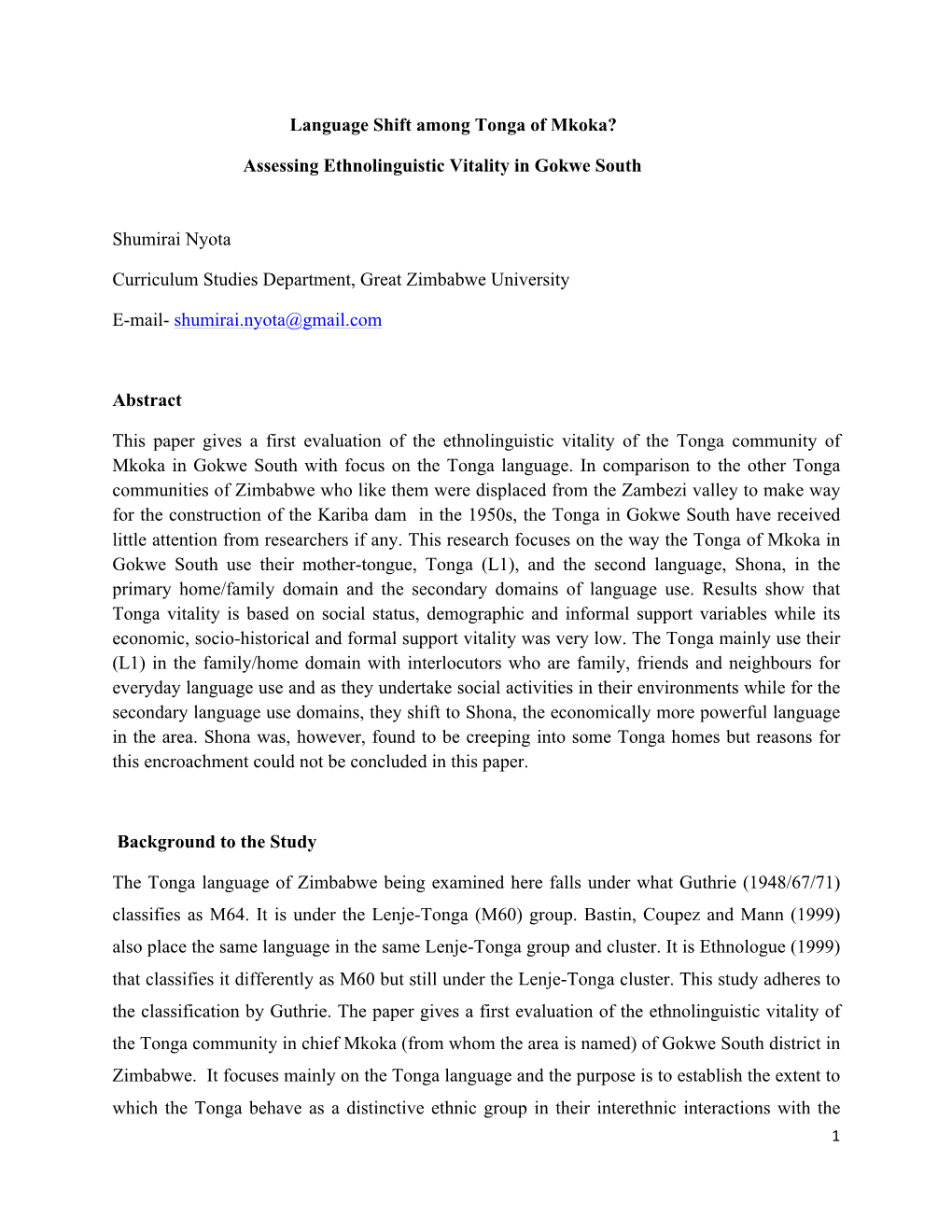 Language Shift Among the Tonga of Mkoka? Assessing Ethnolinguistic Vitality in Gokwe South