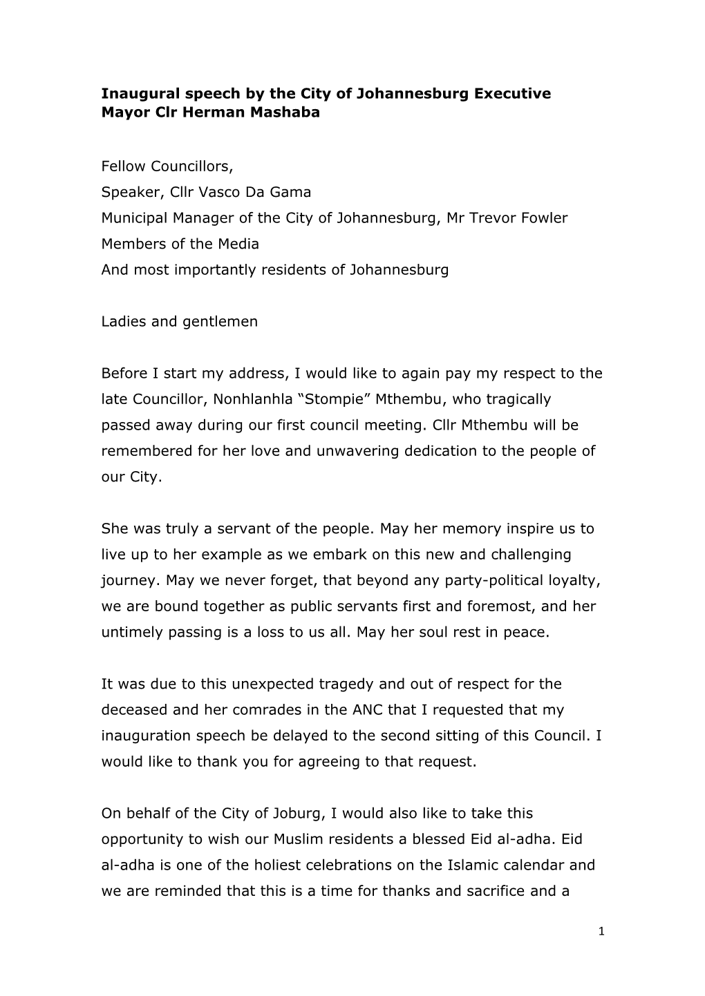 Mayor Herman Mashaba Inauguration Speech.Pdf