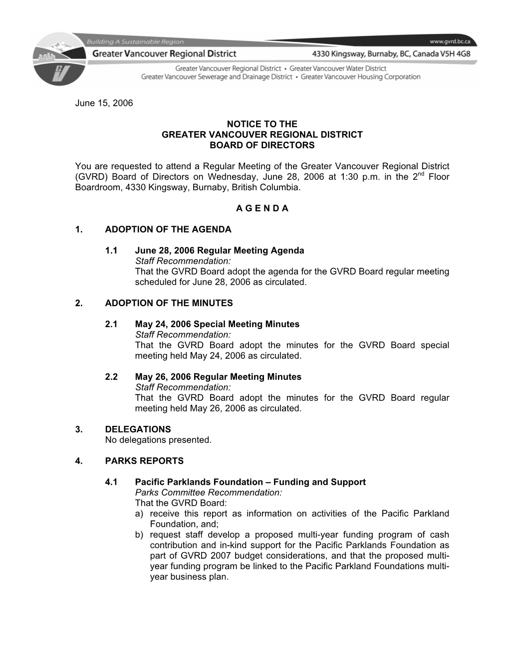 GVRD Board Meeting- June 28, 2006- Agenda