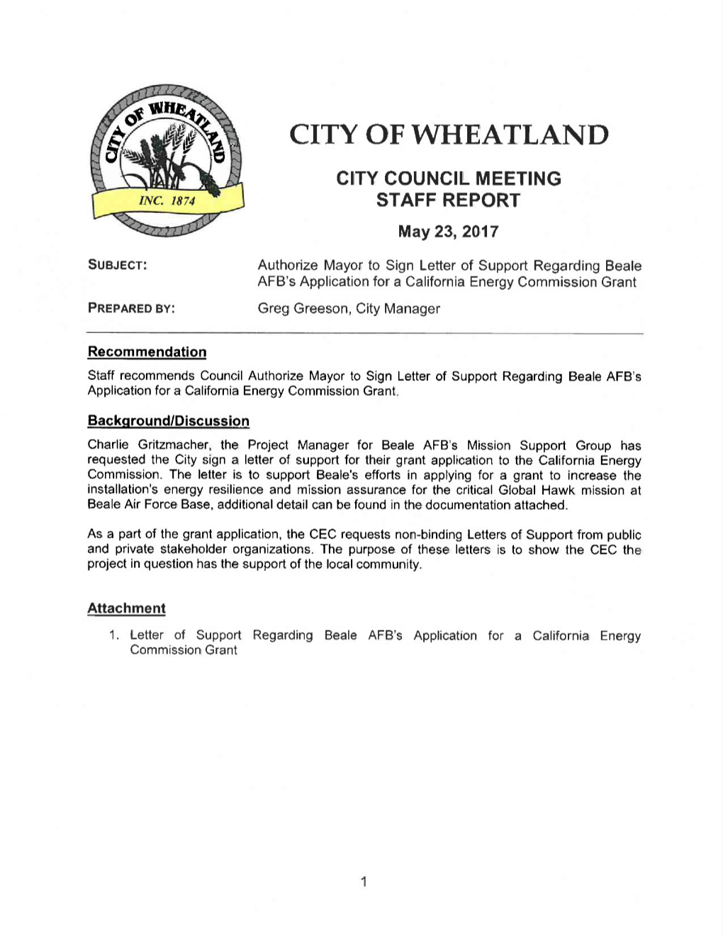CITY of WHEATLAND CIITY Council MEETING STAFF REPORT