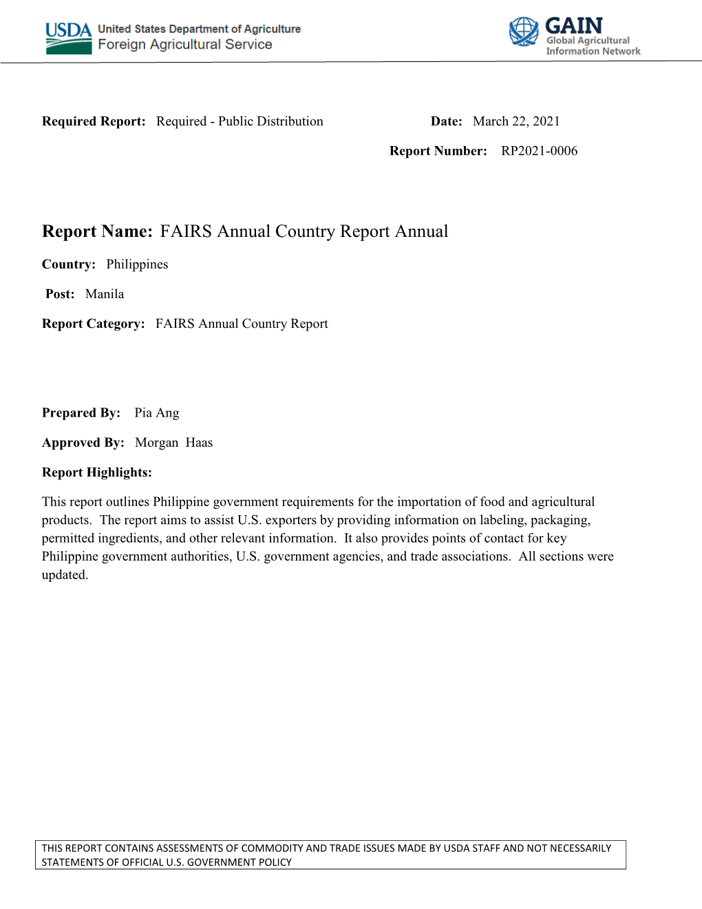 Report Name: FAIRS Annual Country Report Annual
