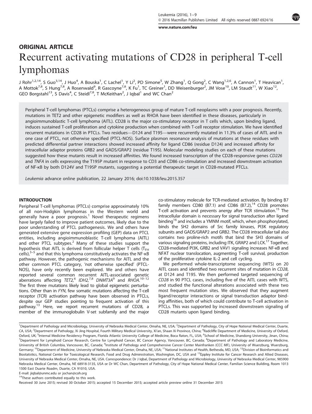 Recurrent Activating Mutations of CD28 in Peripheral T-Cell Lymphomas