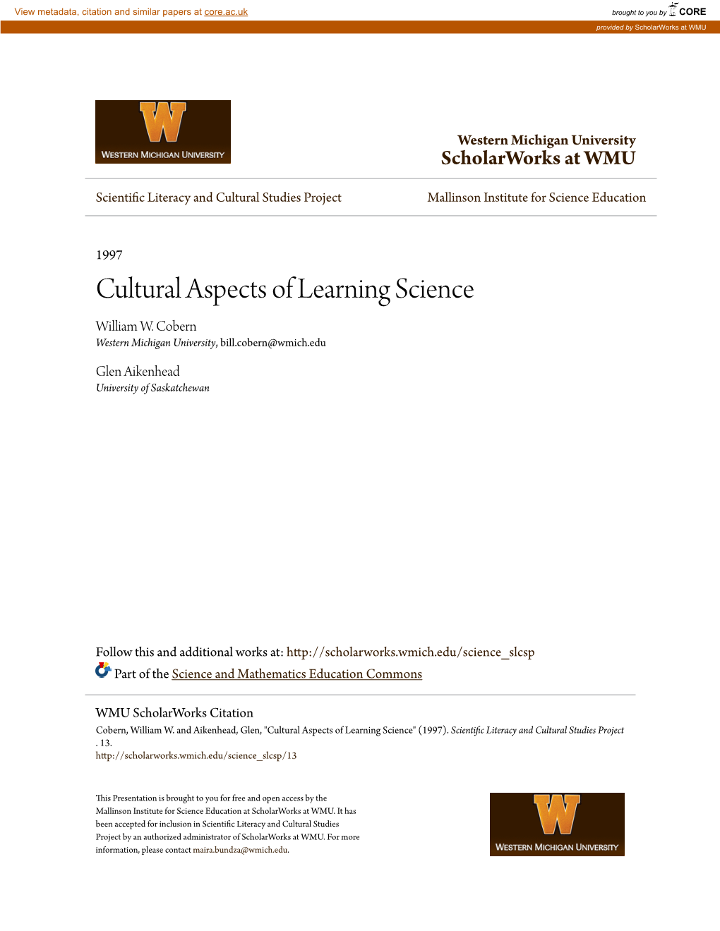 Cultural Aspects of Learning Science William W