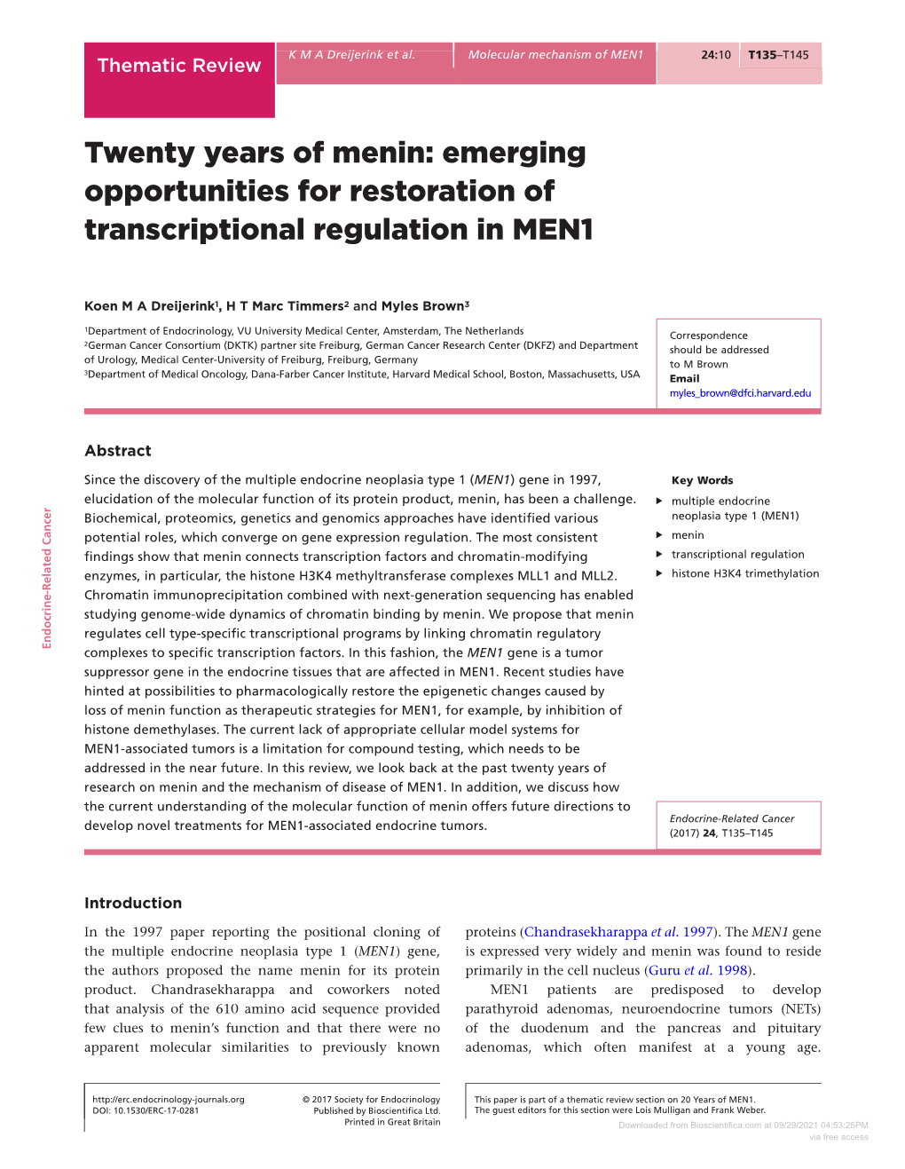 Twenty Years of Menin: Emerging Opportunities for Restoration of Transcriptional Regulation in MEN1