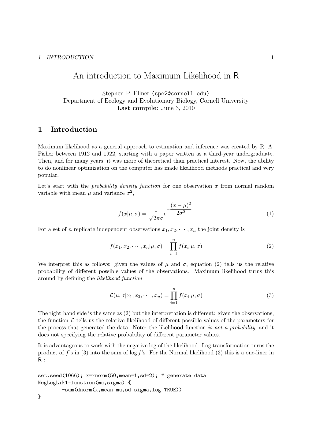 An Introduction to Maximum Likelihood in R