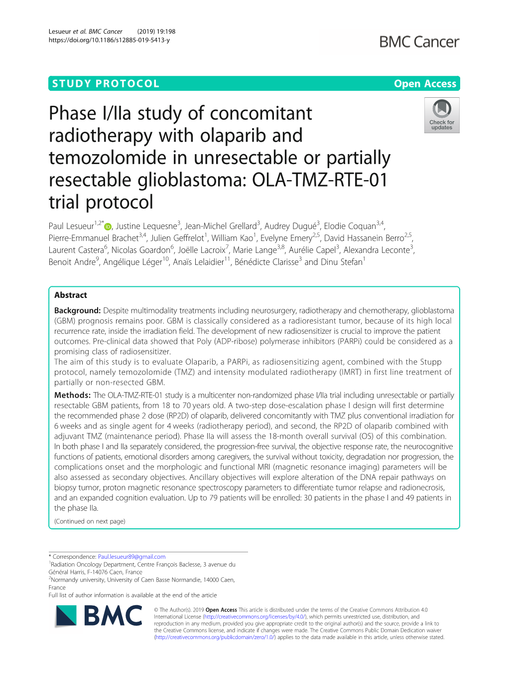 Phase I/Iia Study of Concomitant Radiotherapy with Olaparib And