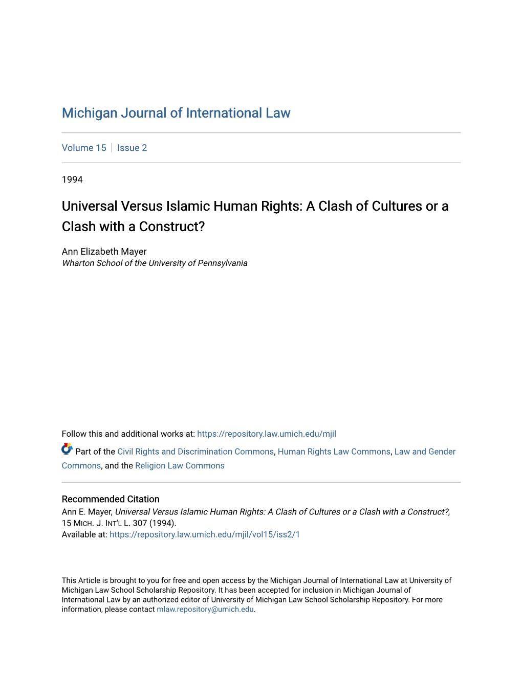 Universal Versus Islamic Human Rights: a Clash of Cultures Or a Clash with a Construct?