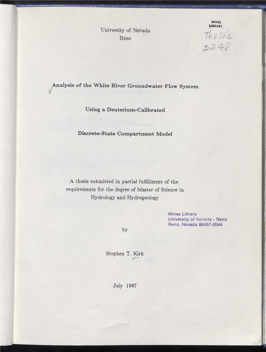 University of Nevada Reno Analysis of the White River Groundwater Flow System Using a Deuterium-Calibrated Discrete-State Compar