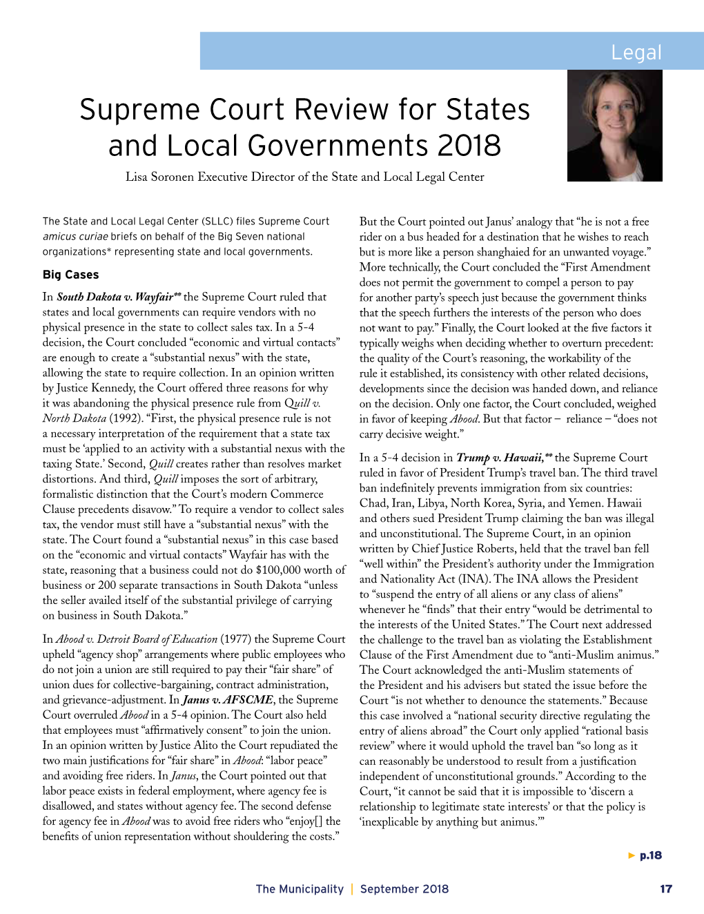 Supreme Court Review for States and Local Governments 2018 Lisa Soronen Executive Director of the State and Local Legal Center