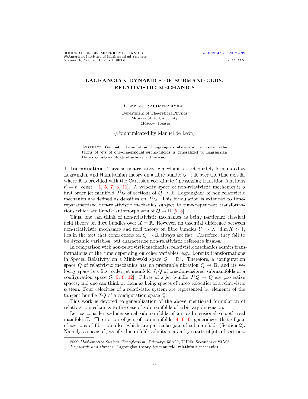 Lagrangian Dynamics of Submanifolds. Relativistic Mechanics