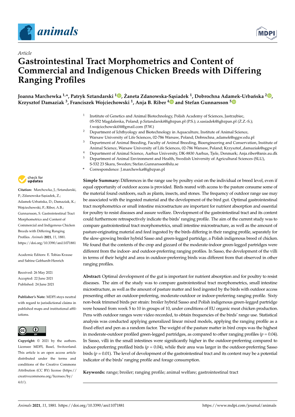 Gastrointestinal Tract Morphometrics and Content of Commercial and Indigenous Chicken Breeds with Differing Ranging Proﬁles