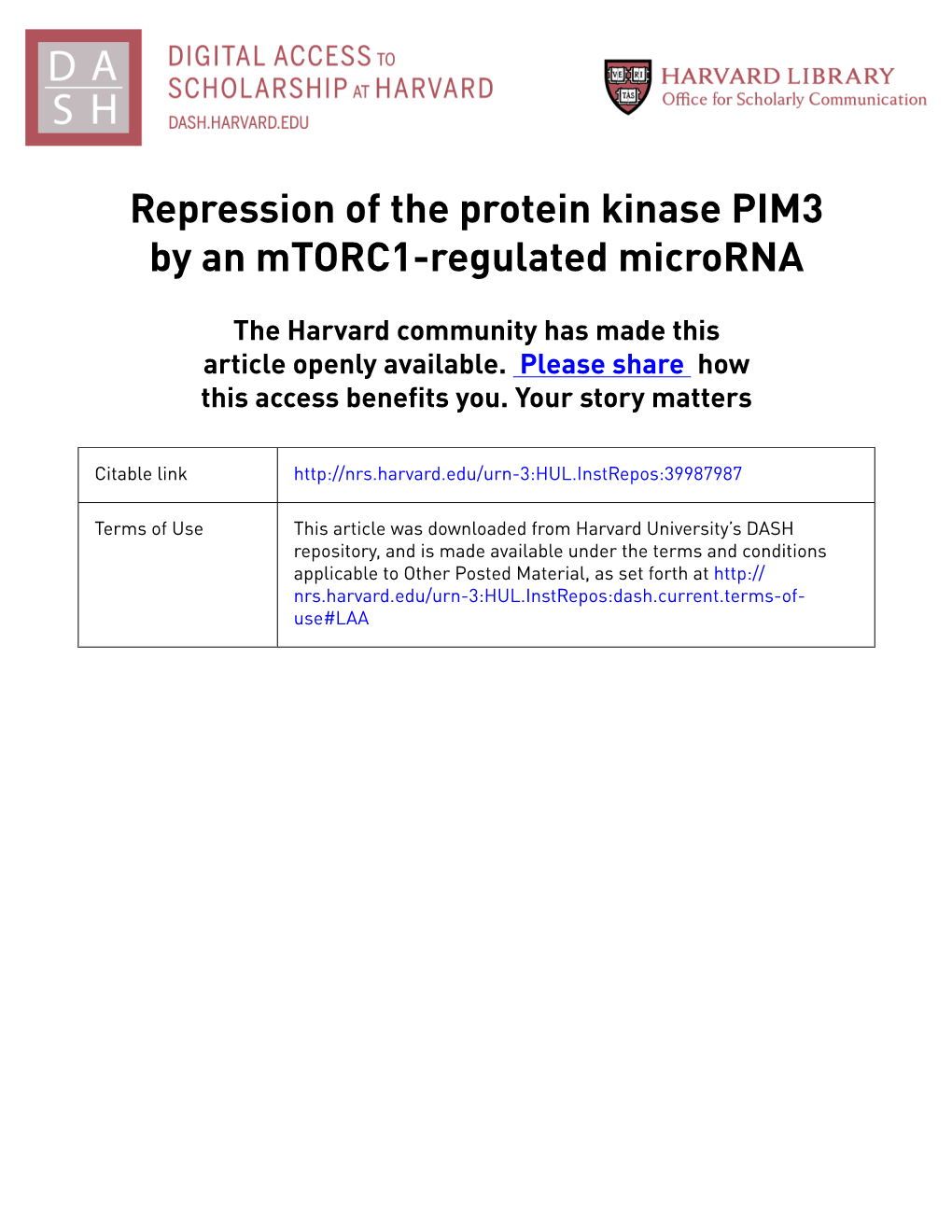 Repression of the Protein Kinase PIM3 by an Mtorc1-Regulated Microrna