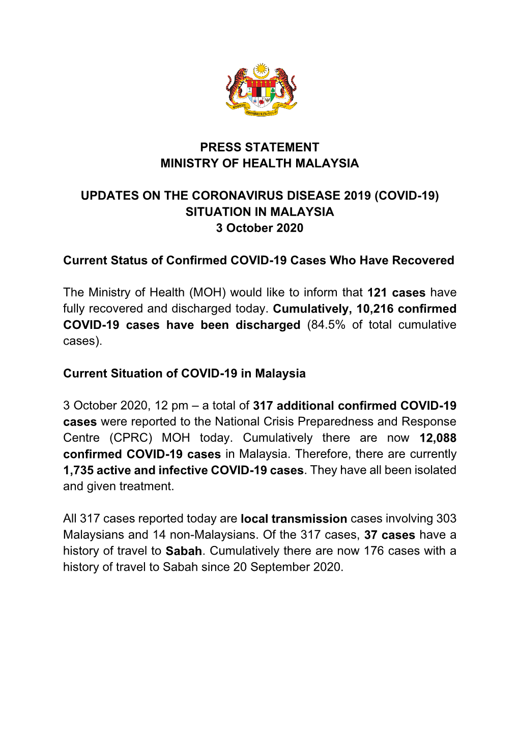 (COVID-19) SITUATION in MALAYSIA 3 October 2020