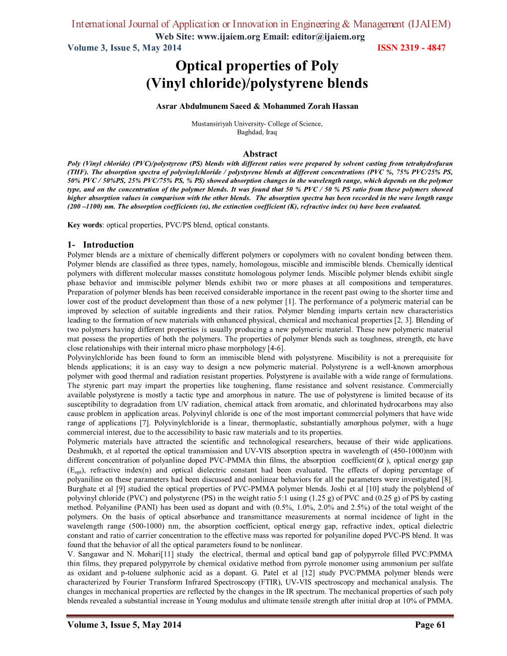 Optical Properties of Poly (Vinyl Chloride)/Polystyrene Blends