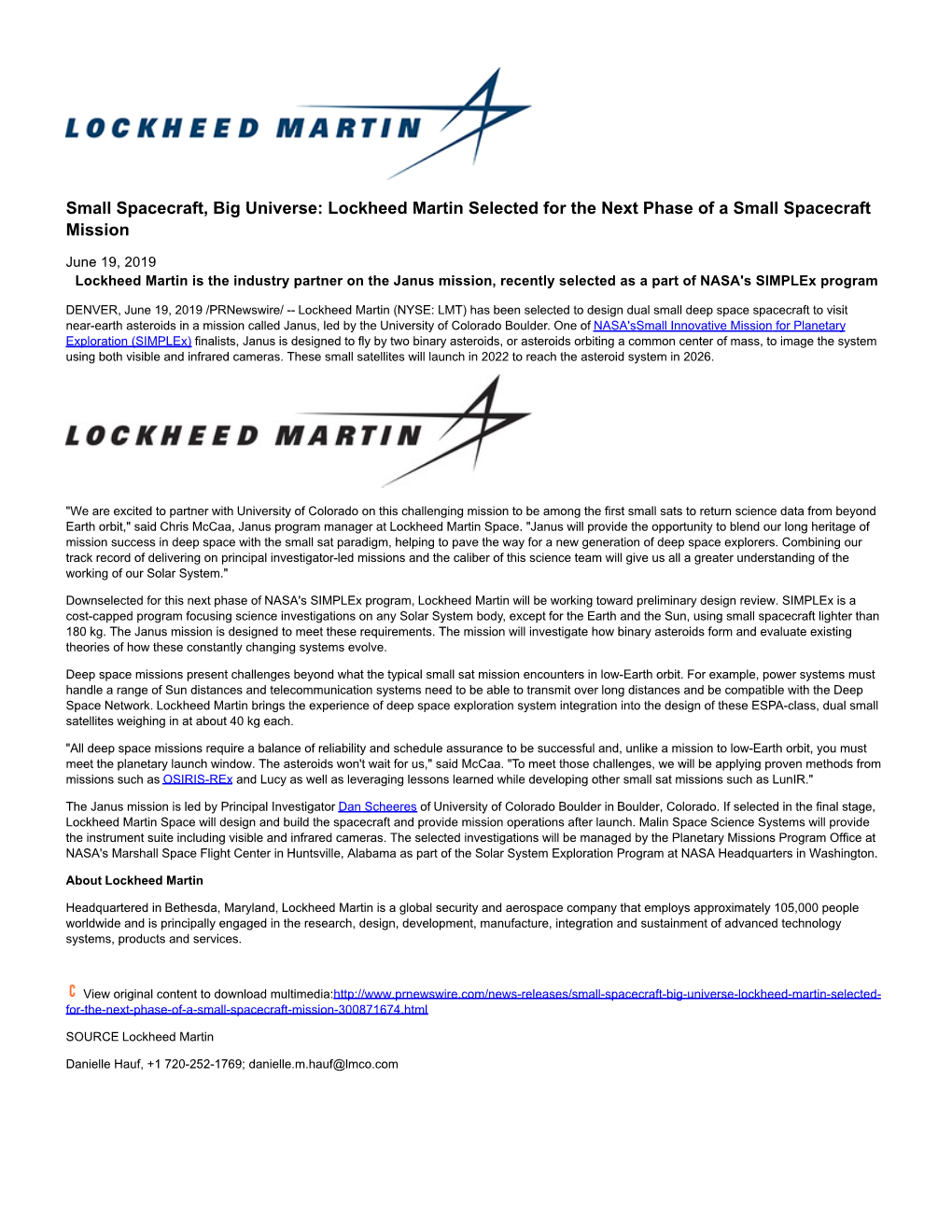 Lockheed Martin Selected for the Next Phase of a Small Spacecraft Mission