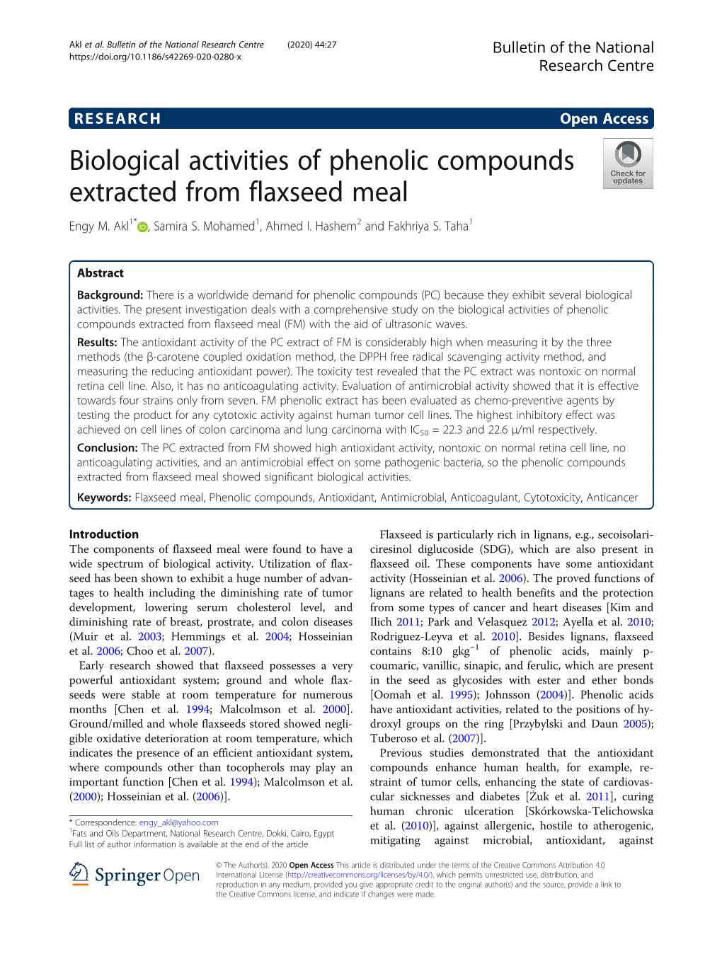 Biological Activities of Phenolic Compounds Extracted from Flaxseed Meal Engy M