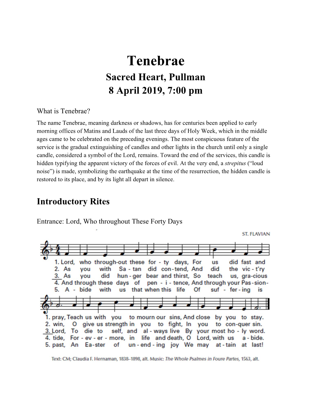 Tenebrae Sacred Heart, Pullman 8 April 2019, 7:00 Pm