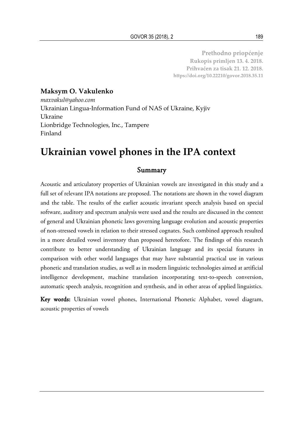 Ukrainian Vowel Phones in the IPA Context