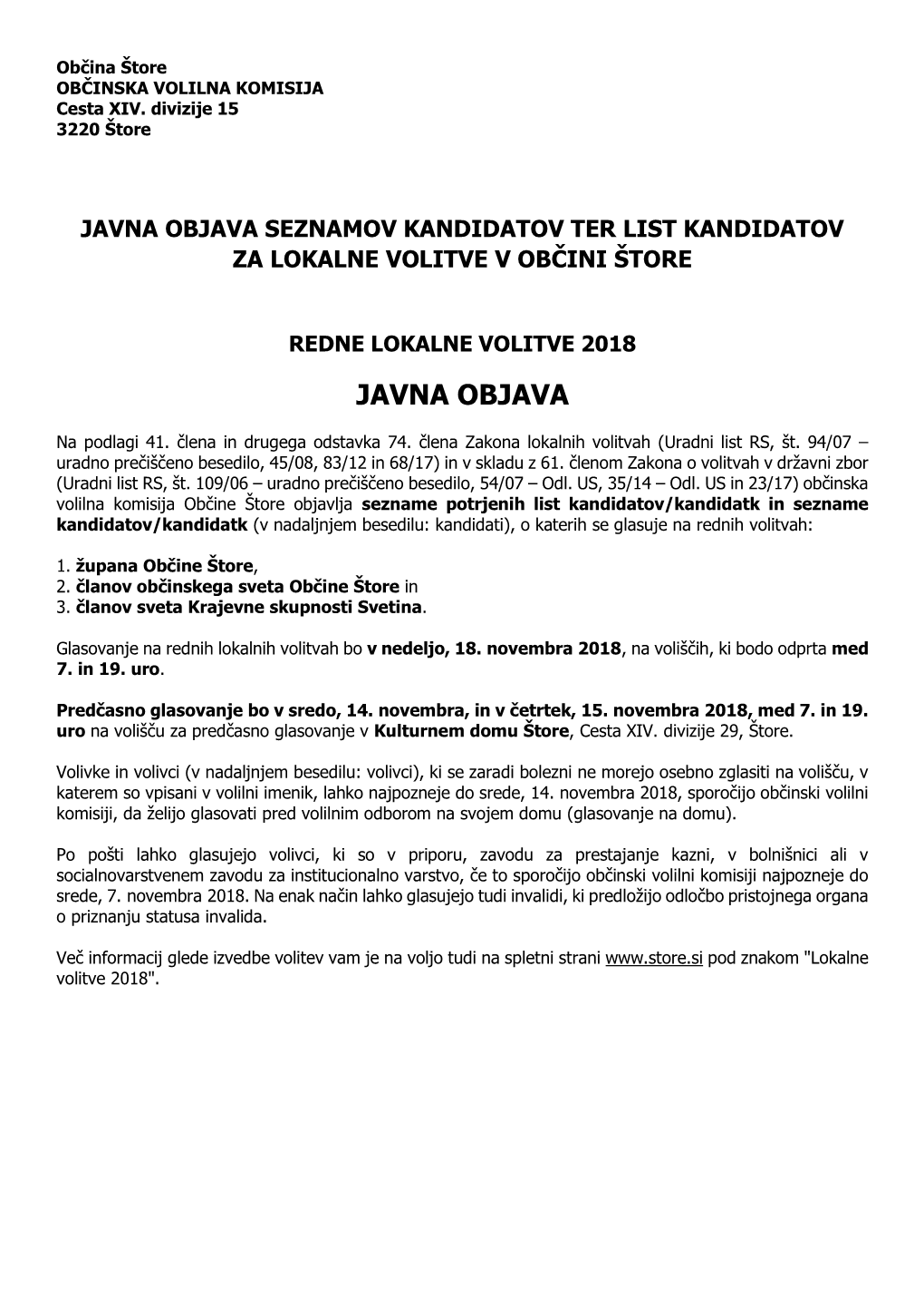 Javna Objava Seznamov Kandidatov Ter List Kandidatov Za Lokalne Volitve V Občini Štore