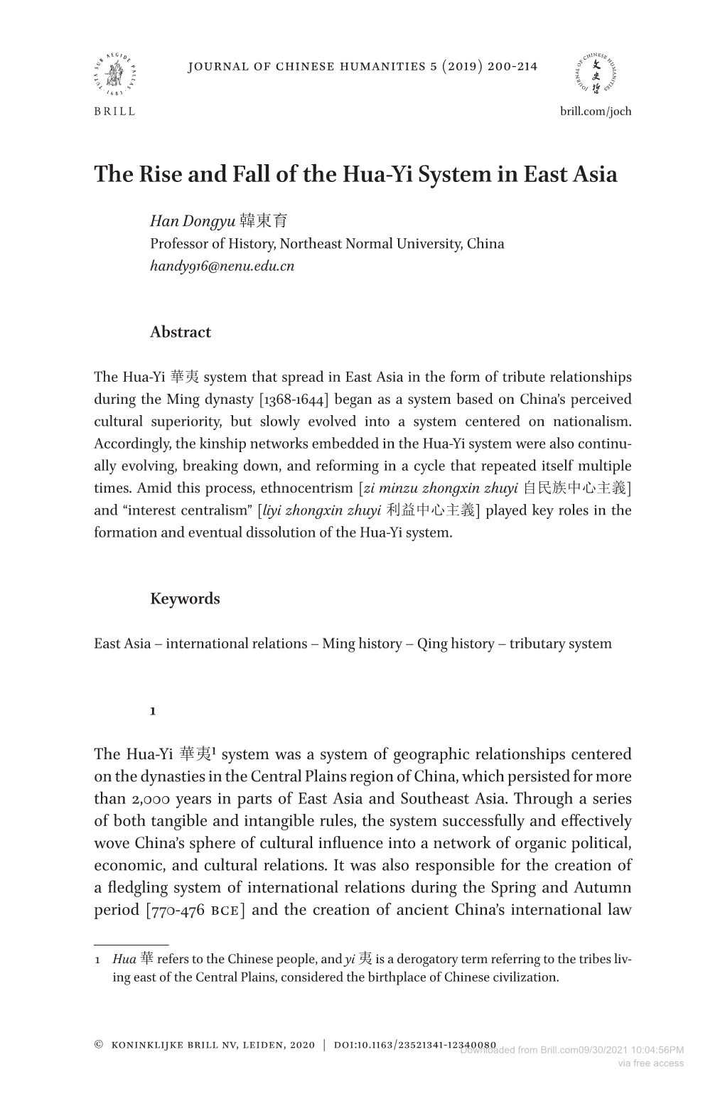 The Rise and Fall of the Hua-Yi System in East Asia