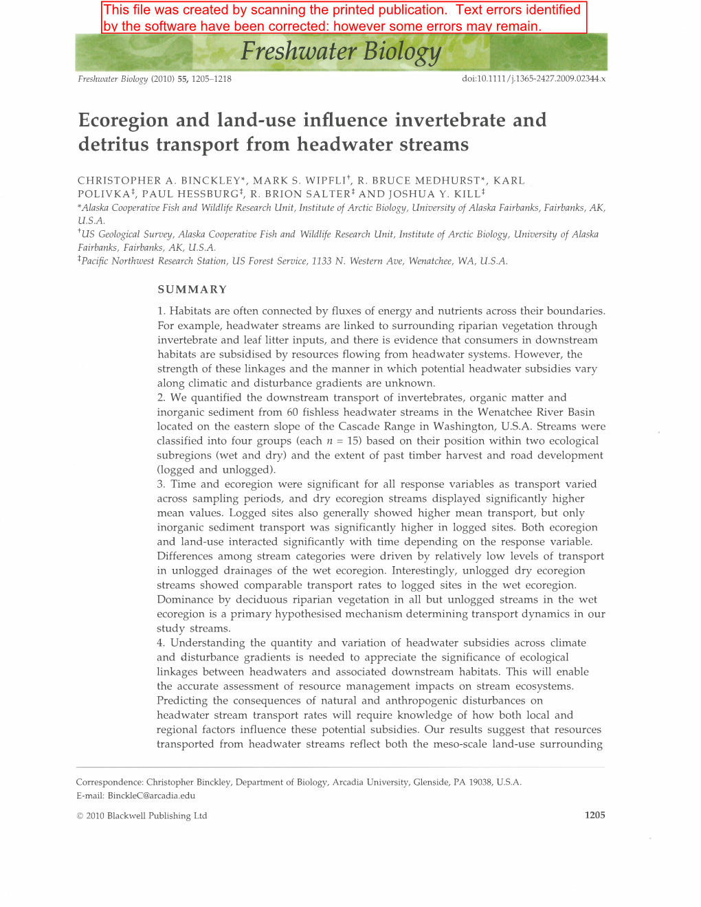 Freshwater Biology ----�------�----�------�--- (2010) 1205-1218 Doi:1O.1111/J.1365-2427.2009.02344.X Freshwater Biology 55