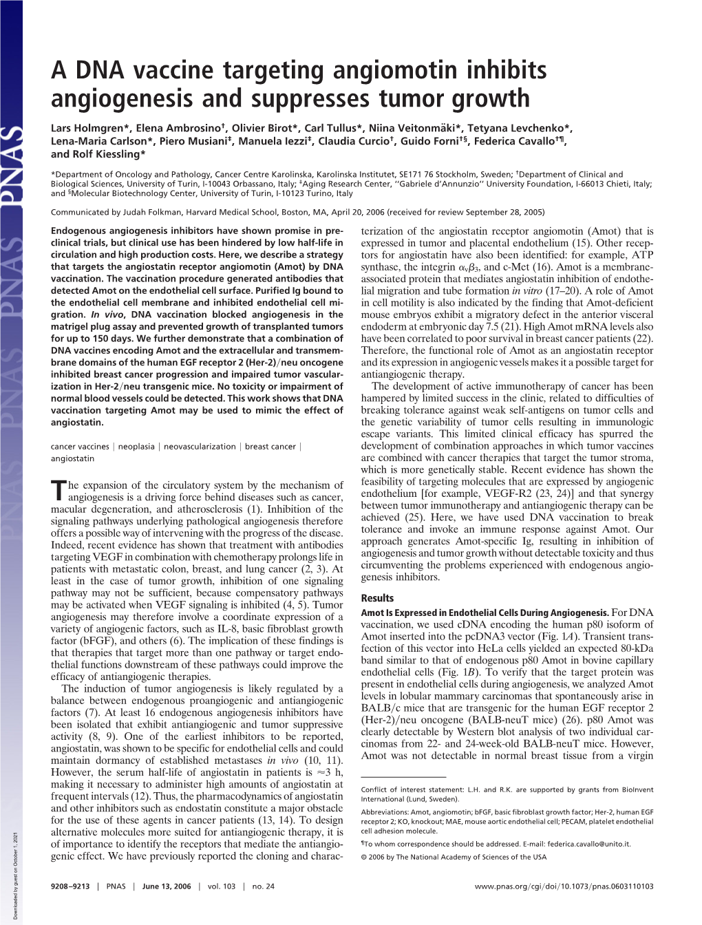 A DNA Vaccine Targeting Angiomotin Inhibits Angiogenesis and Suppresses Tumor Growth