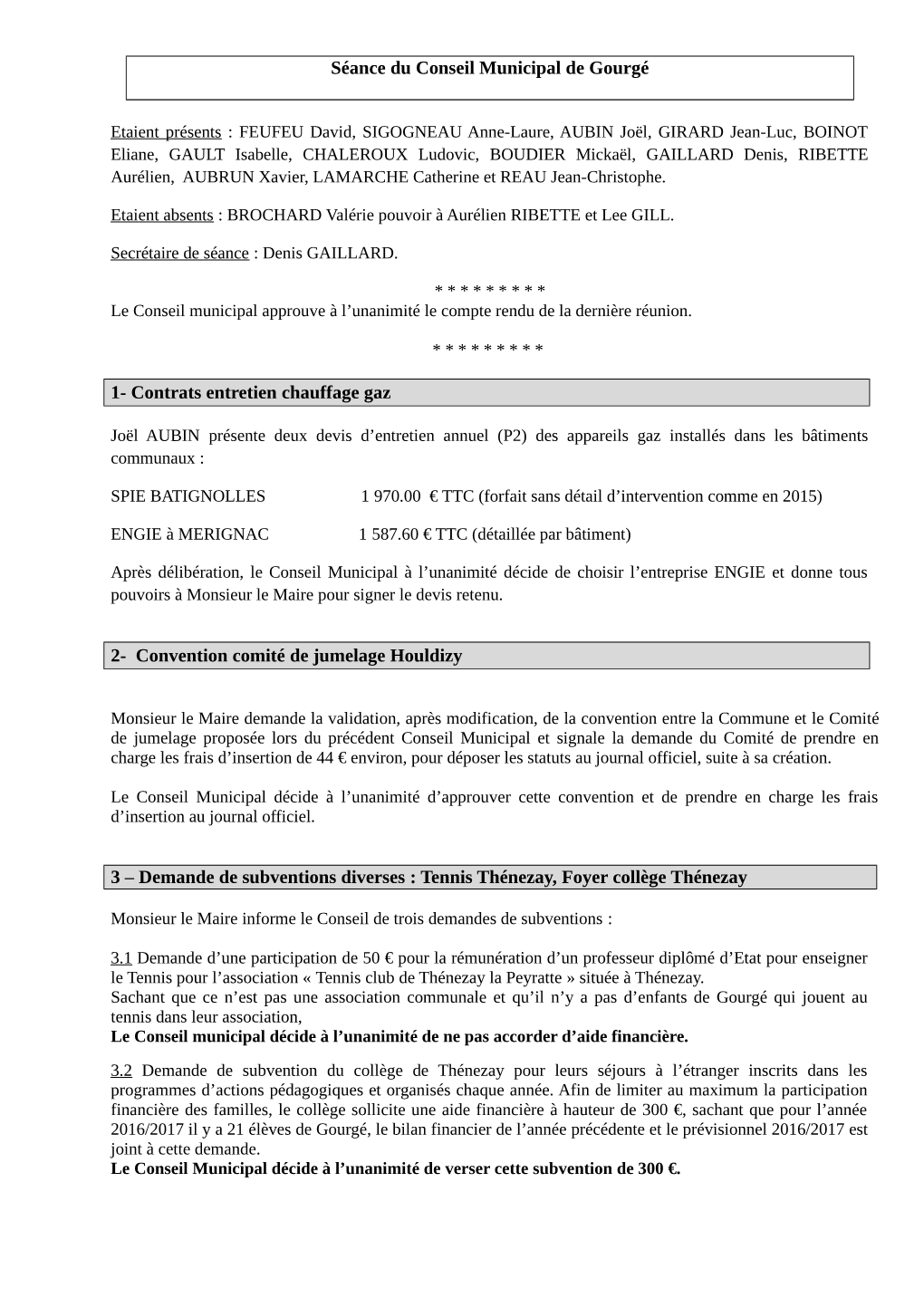 Séance Du Conseil Municipal De Gourgé 1- Contrats Entretien