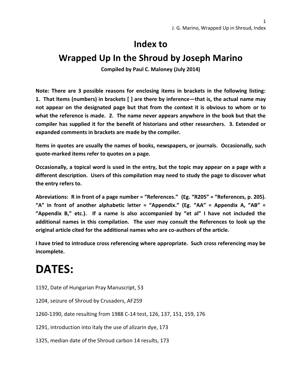 Index to Wrapped up in the Shroud by Joseph Marino Compiled by Paul C