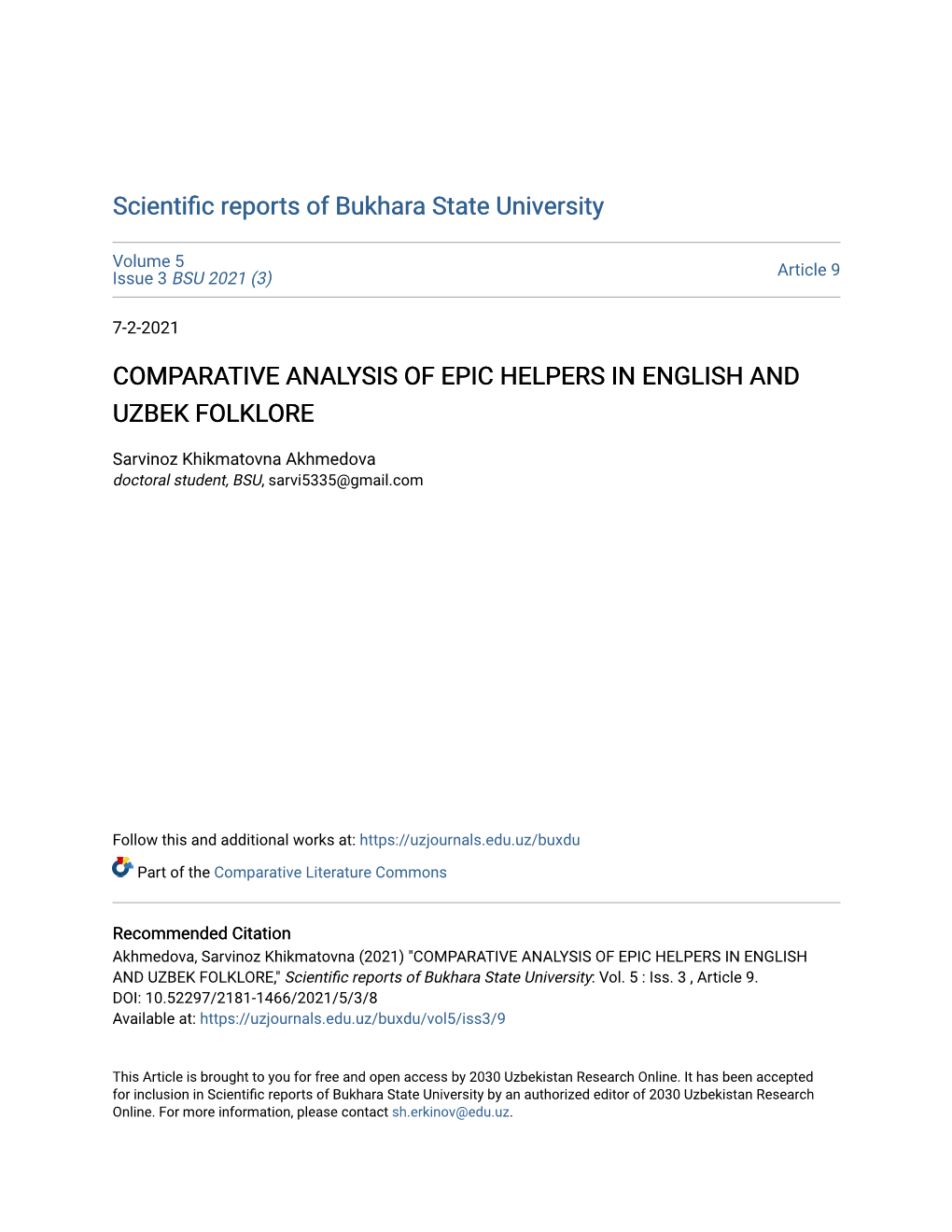 Comparative Analysis of Epic Helpers in English and Uzbek Folklore