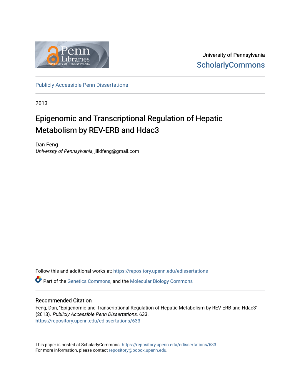 Epigenomic and Transcriptional Regulation of Hepatic Metabolism by REV-ERB and Hdac3