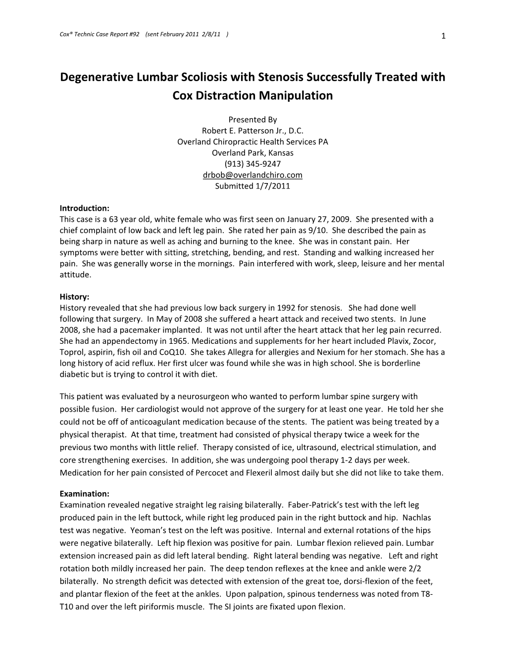 Degenerative Lumbar Scoliosis with Stenosis Successfully Treated with Cox Distraction Manipulation