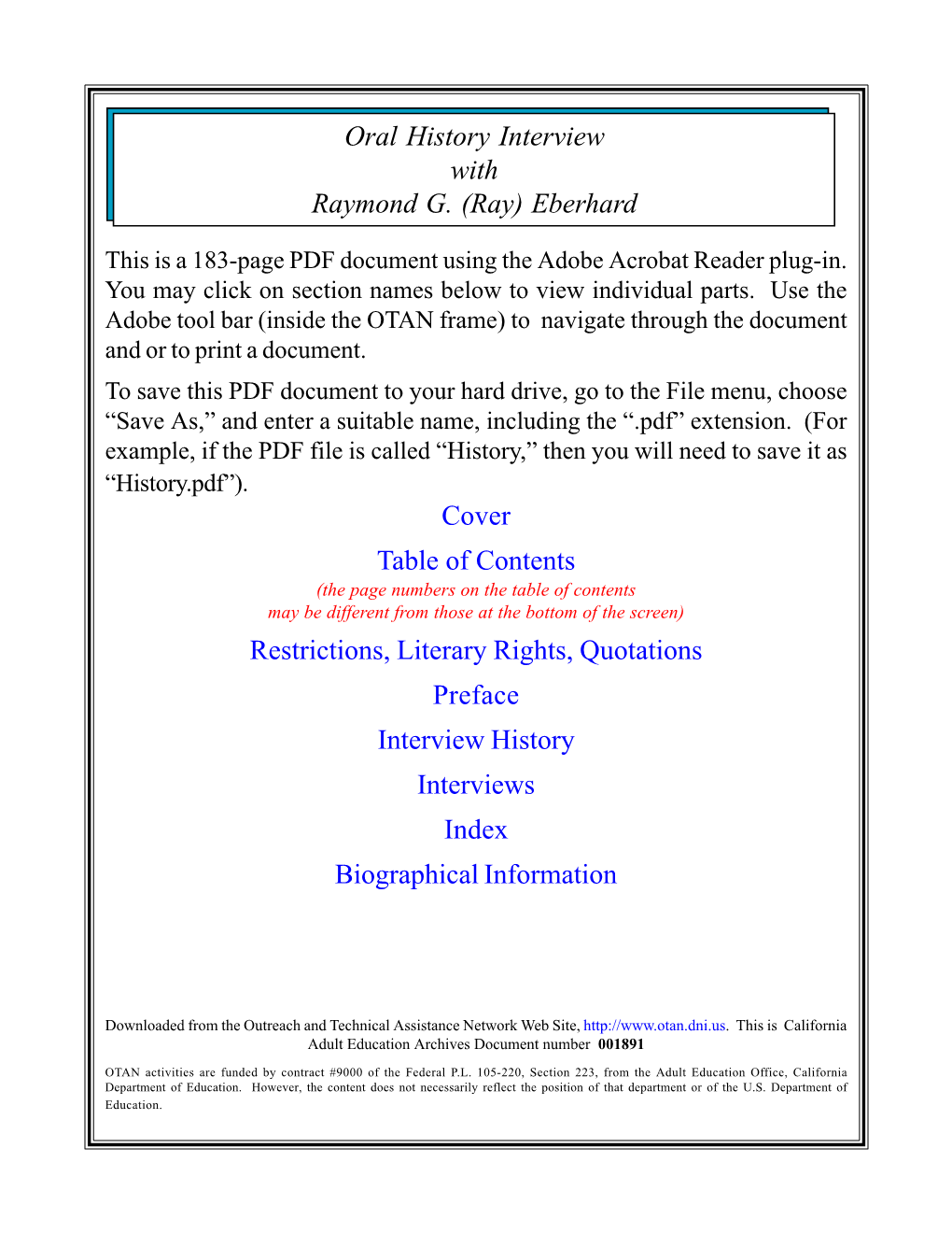 Raymond G. Eberhard, Oral History Interview, Conducted 1995 by Cuba Z