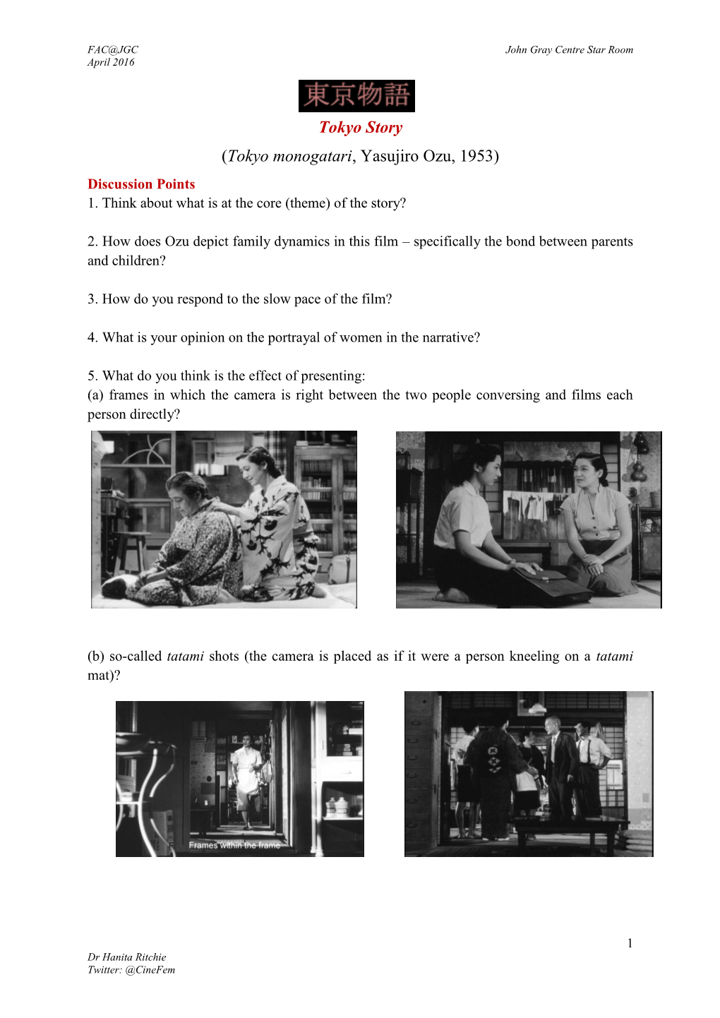 Tokyo Story (Tokyo Monogatari, Yasujiro Ozu, 1953) Discussion Points 1