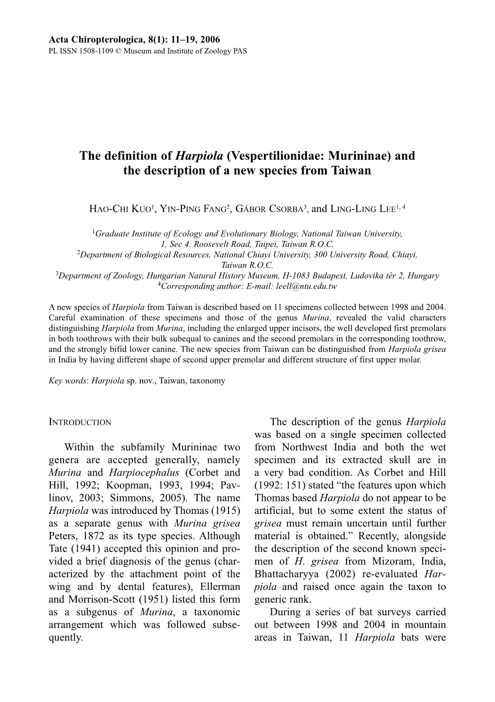 The Definition of Harpiola (Vespertilionidae: Murininae) and the Description of a New Species from Taiwan