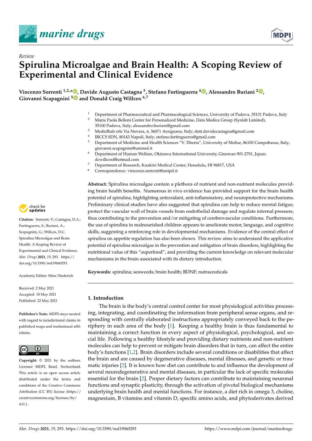 Spirulina Microalgae and Brain Health: a Scoping Review of Experimental and Clinical Evidence