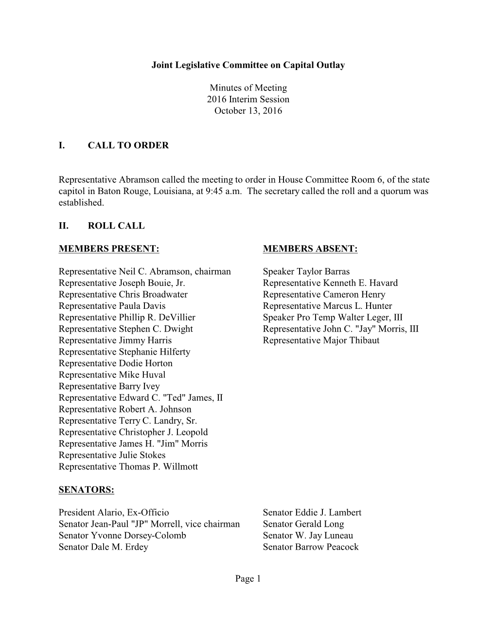 Joint Legislative Committee on Capital Outlay Minutes of Meeting 2016