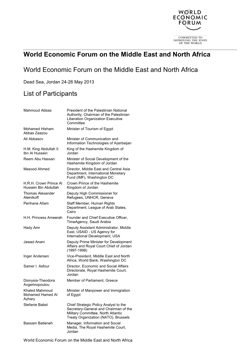 World Economic Forum on the Middle East and North Africa