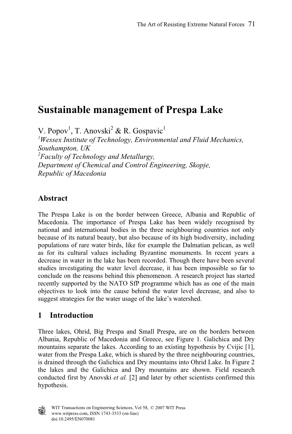 Sustainable Management of Prespa Lake