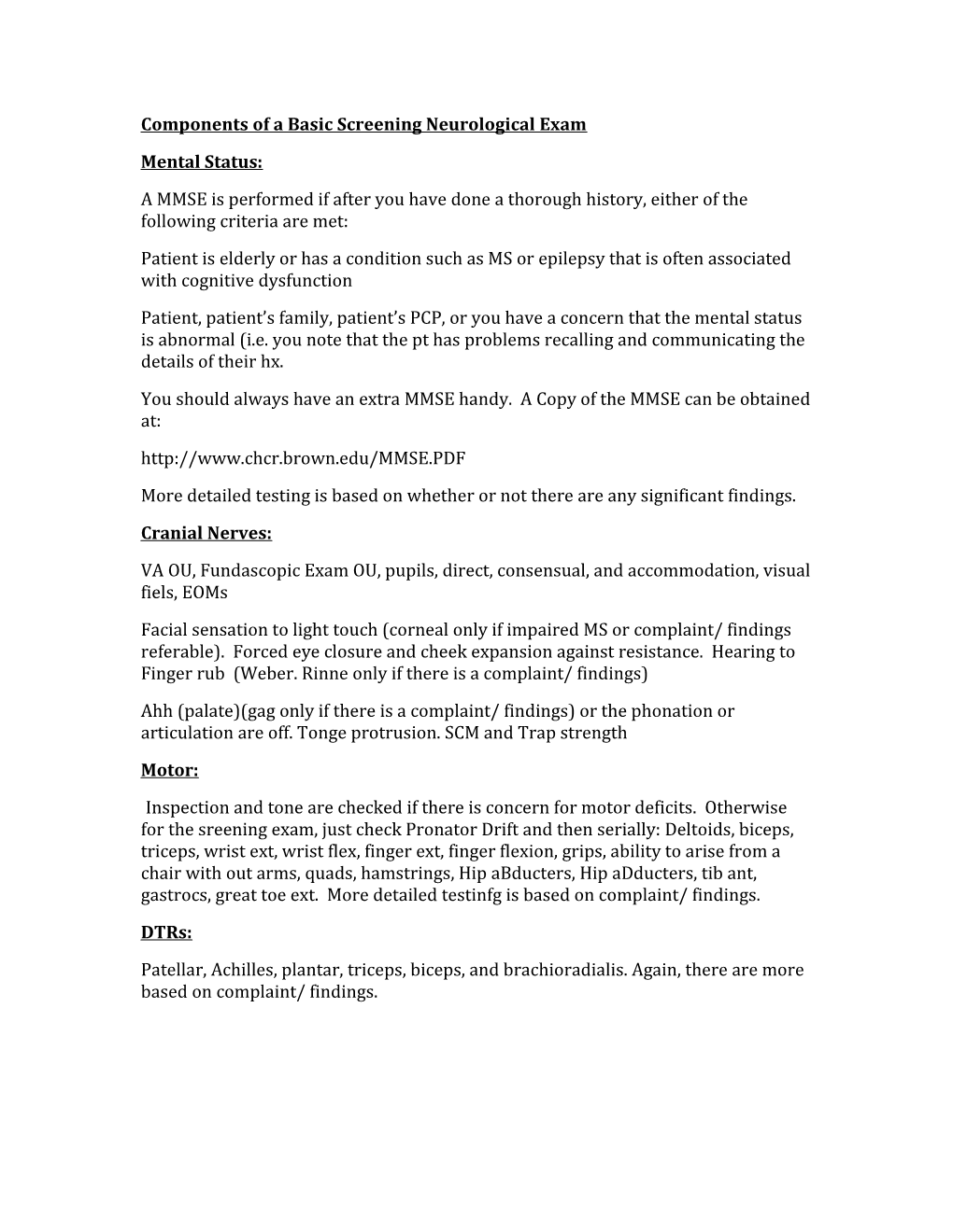 Components of a Basic Screening Neurological Exam